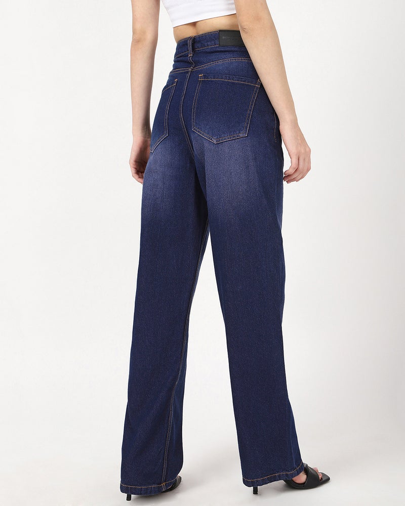 bewakoof Women's Dark Blue Washed Baggy Straight Fit Jeans - Image 3